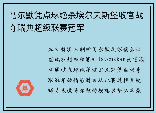 马尔默凭点球绝杀埃尔夫斯堡收官战夺瑞典超级联赛冠军